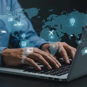 Global Business on Laptop_ World Map, International Trade, Online Commerce, Digital Networking, Logistics & Supply Chain, Worldwide Connections_