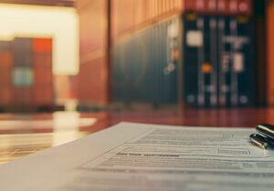 Import export documentation and customs compliance paperwork with shipping containers in logistics facility background